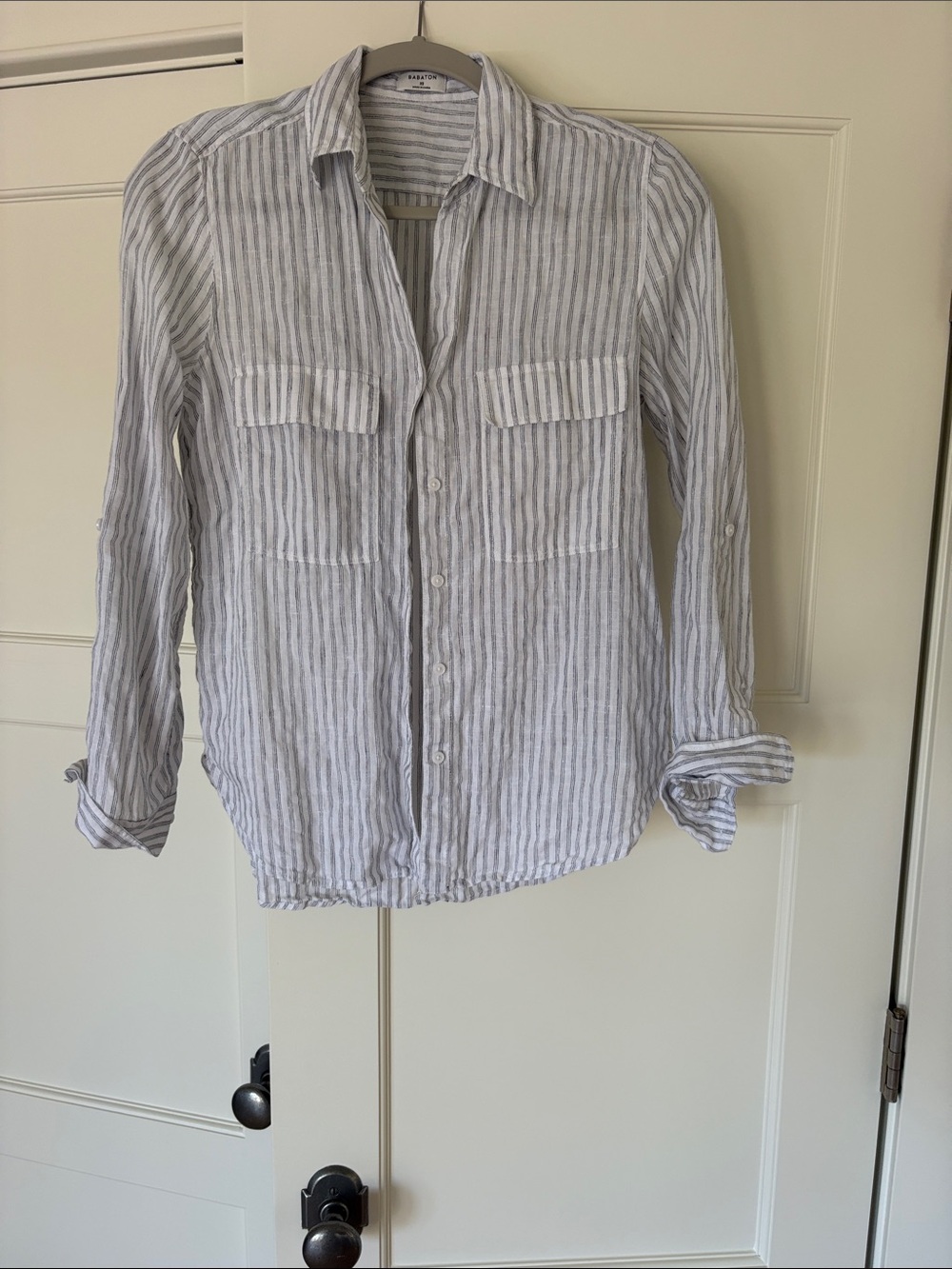 Aritzia Babaton Striped Button-Down Shirt in Light grey and white